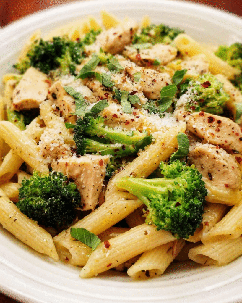 Chicken and Broccoli Pasta with lemon butter sauce in a white bowl