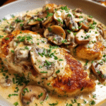 Creamy chicken and mushroom bake in skillet with Parmesan sauce
