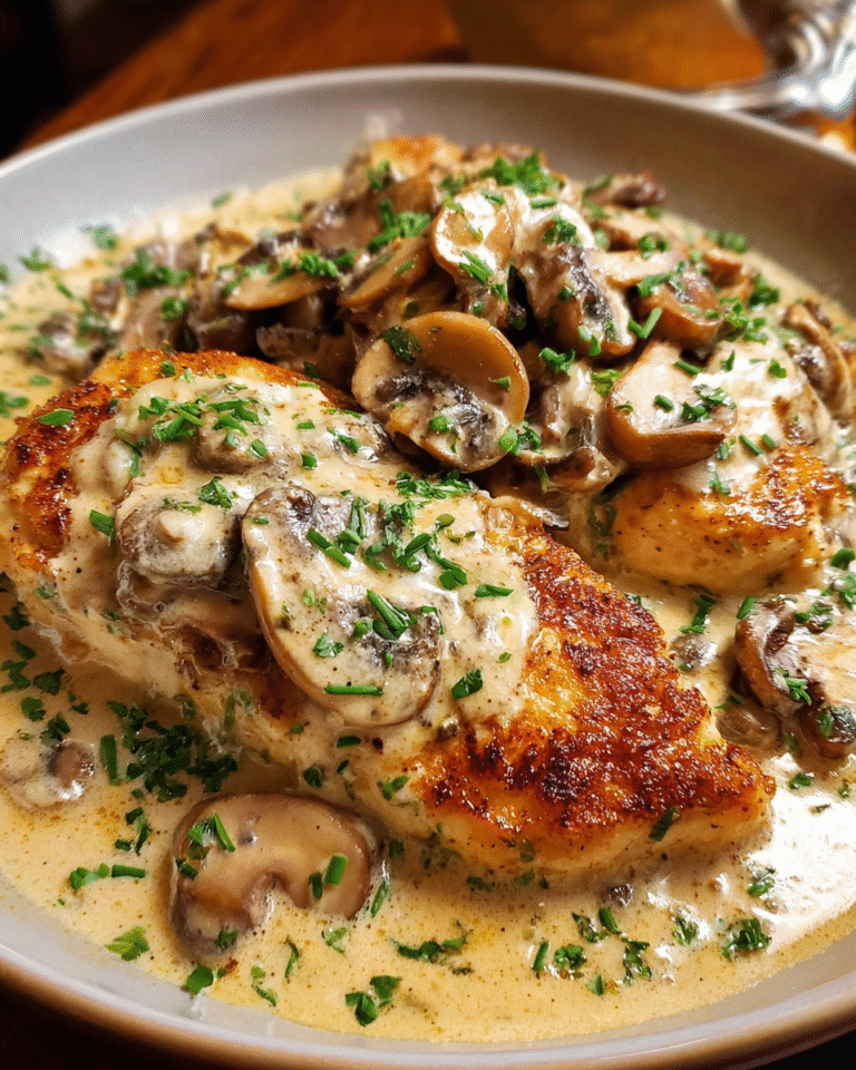 Creamy chicken and mushroom bake in skillet with Parmesan sauce