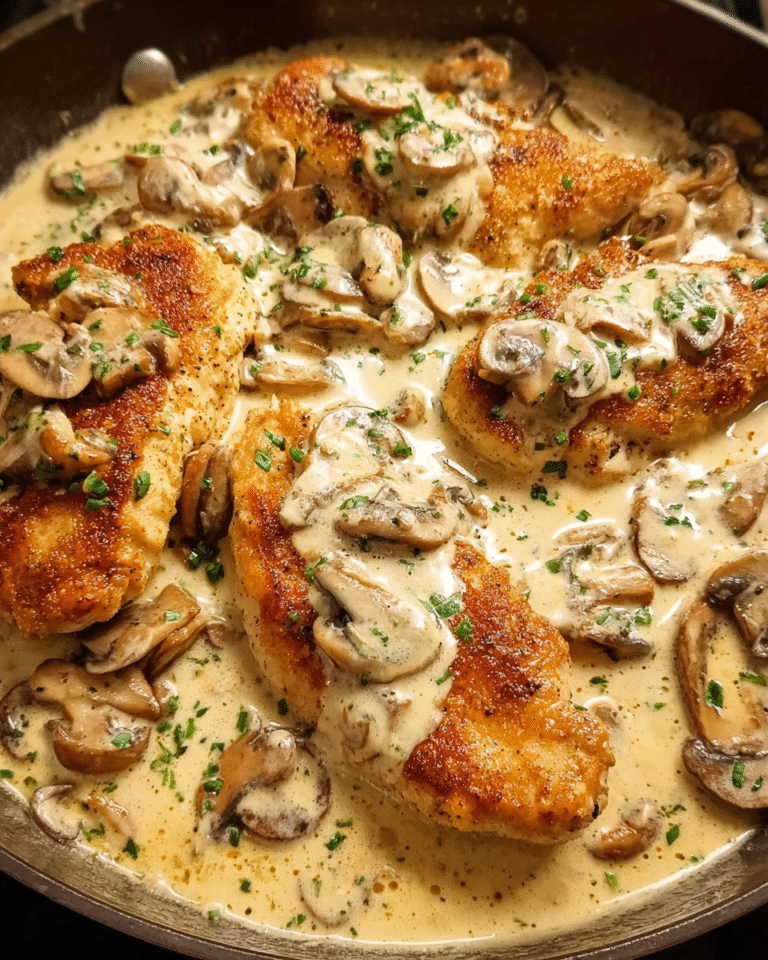 Chicken and Mushroom Cream Sauce served in skillet with herbs