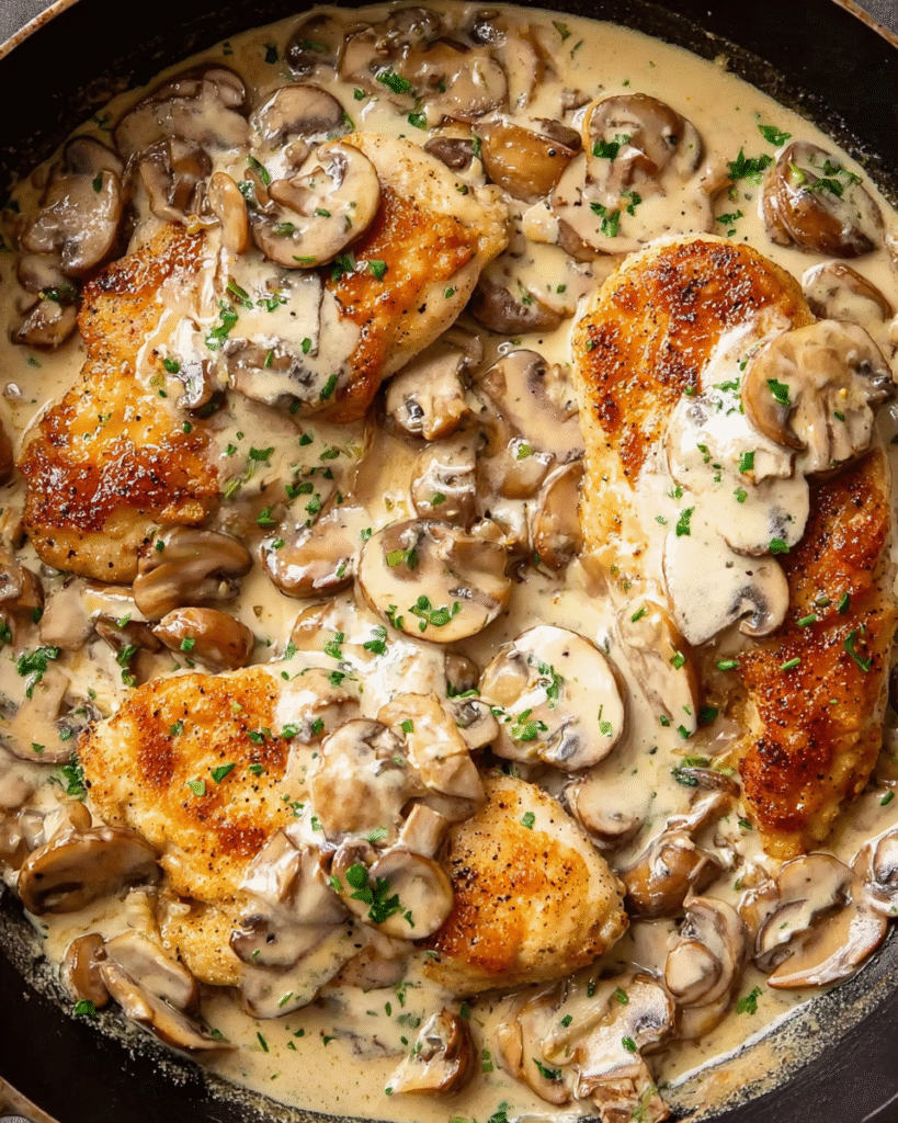 Chicken and Mushroom Cream Sauce served in skillet with herbs