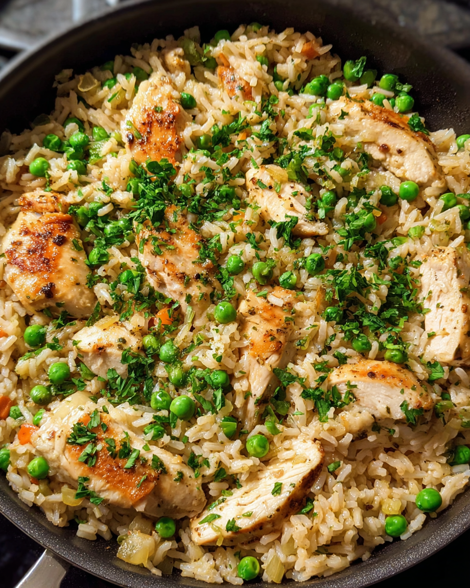 Chicken and rice skillet with peas and parsley in a large pan