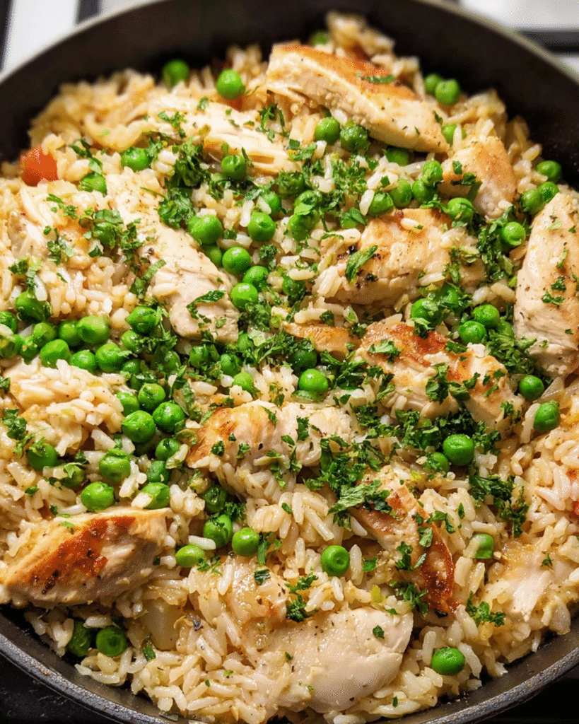 Chicken and rice skillet with peas and parsley in a large pan