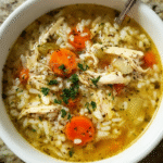 Homemade chicken and rice soup in a white bowl with parsley garnish