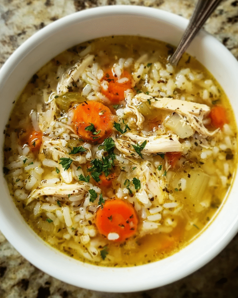 Homemade chicken and rice soup in a white bowl with parsley garnish