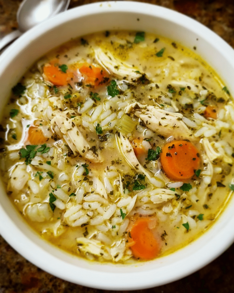 Homemade chicken and rice soup in a white bowl with parsley garnish