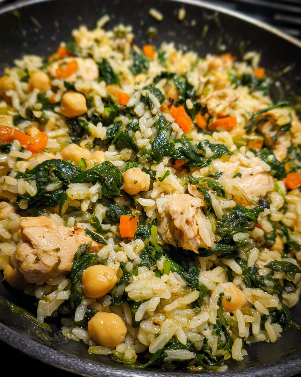 Chicken and spinach rice served in a skillet with fresh greens