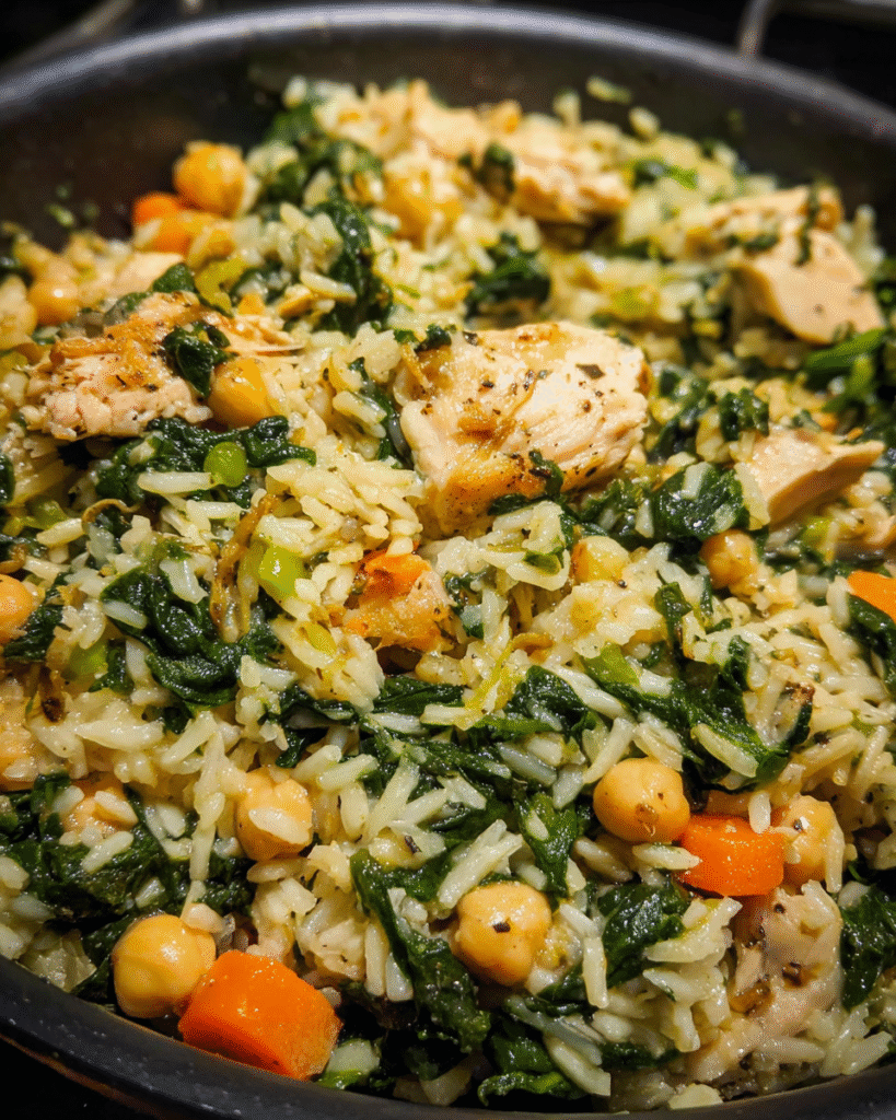 Chicken and spinach rice served in a skillet with fresh greens