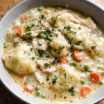 Creamy chicken and dumplings in a large pot with parsley garnish