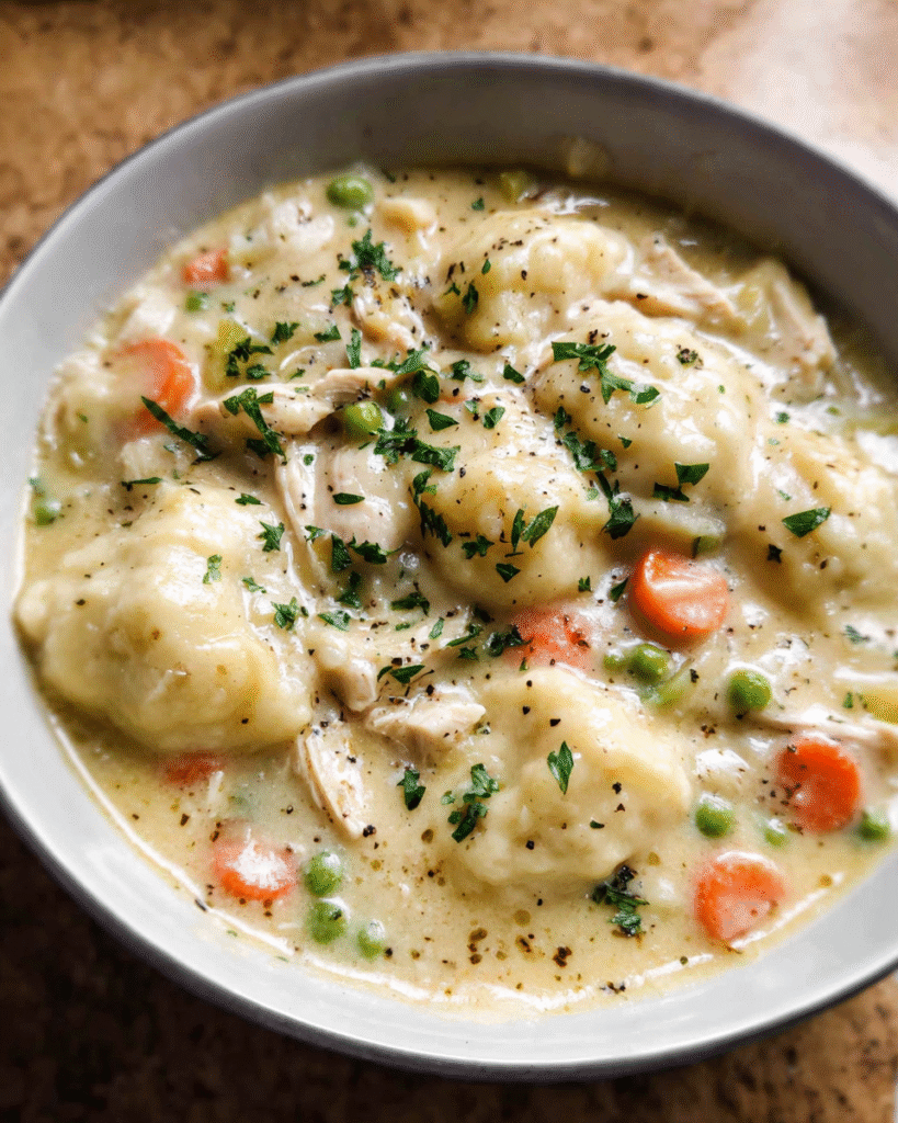 Creamy chicken and dumplings in a large pot with parsley garnish