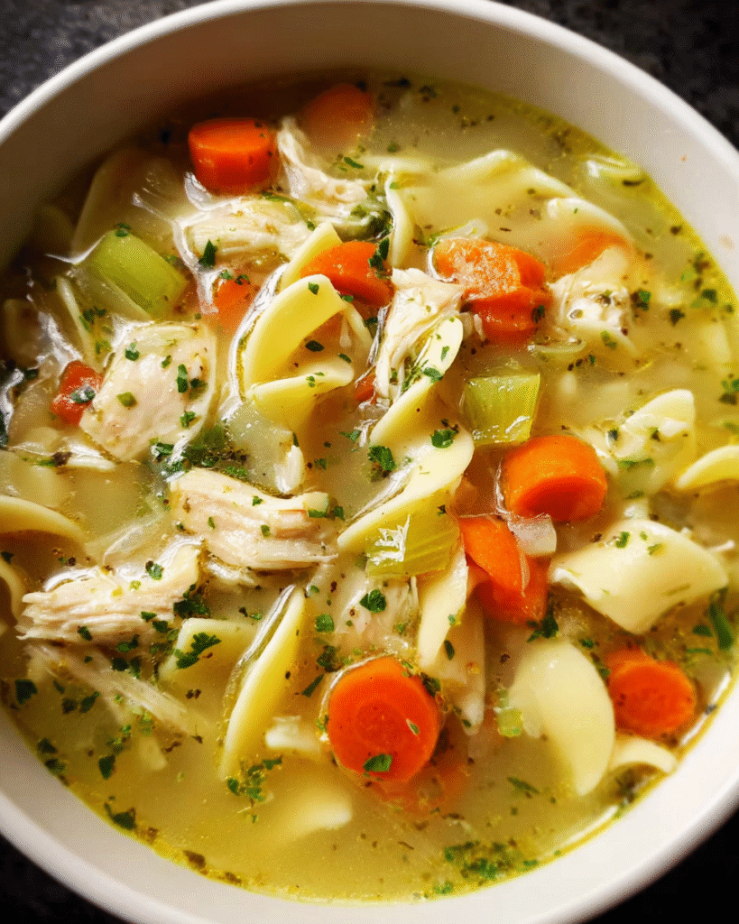 Bowl of homemade chicken noodle soup with carrots and noodles