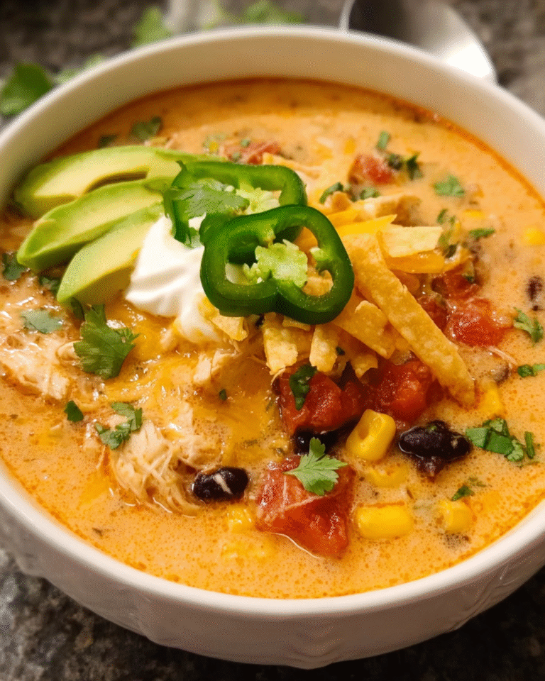 Bowl of creamy chicken tortilla soup with toppings