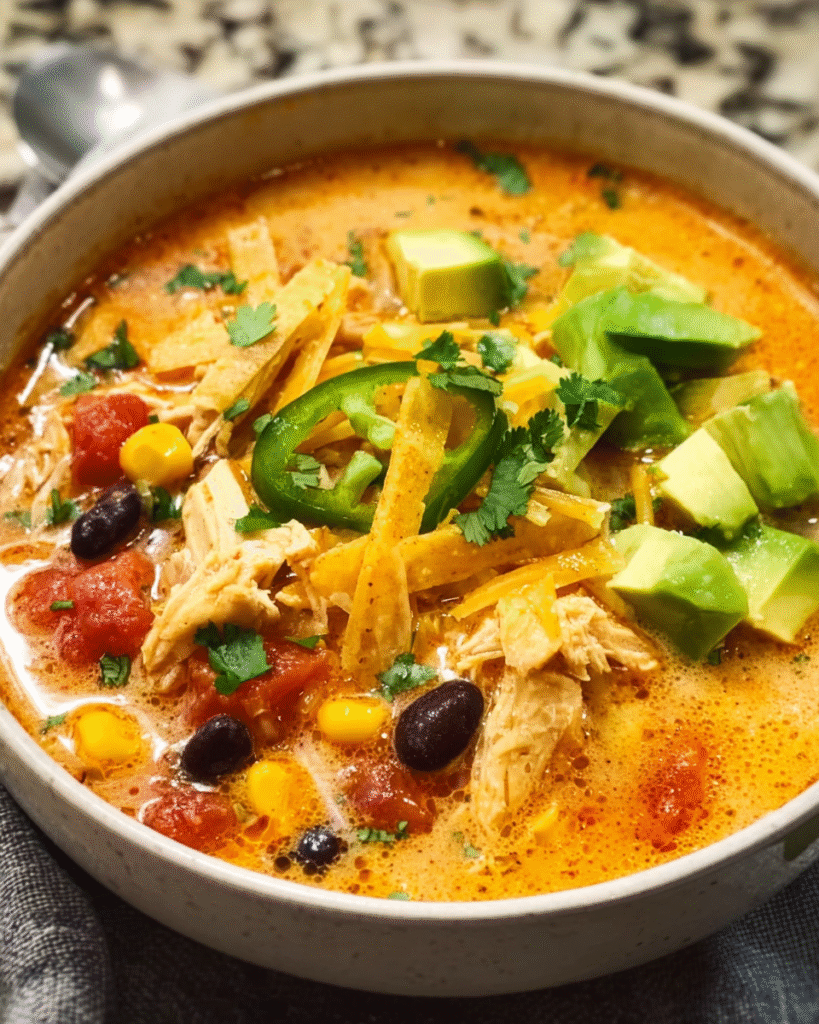 Bowl of creamy chicken tortilla soup with toppings