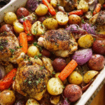 Golden chicken with roasted vegetables in baking dish