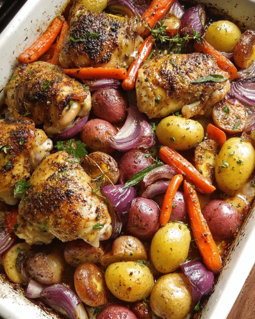 Golden chicken with roasted vegetables in baking dish
