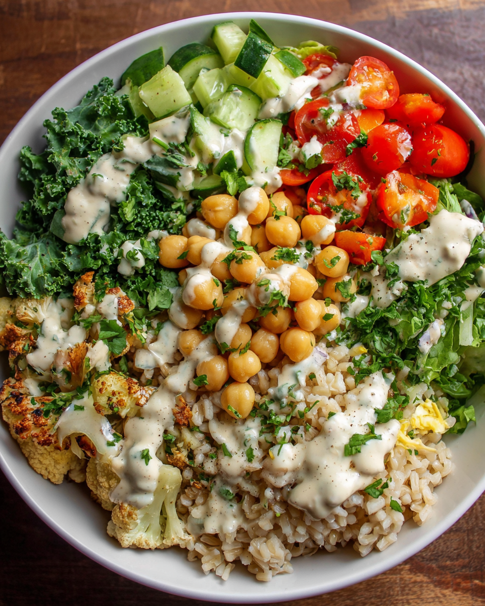 Chickpea Vegetable Rice Bowl with brown rice, fresh vegetables, and cashew dressing