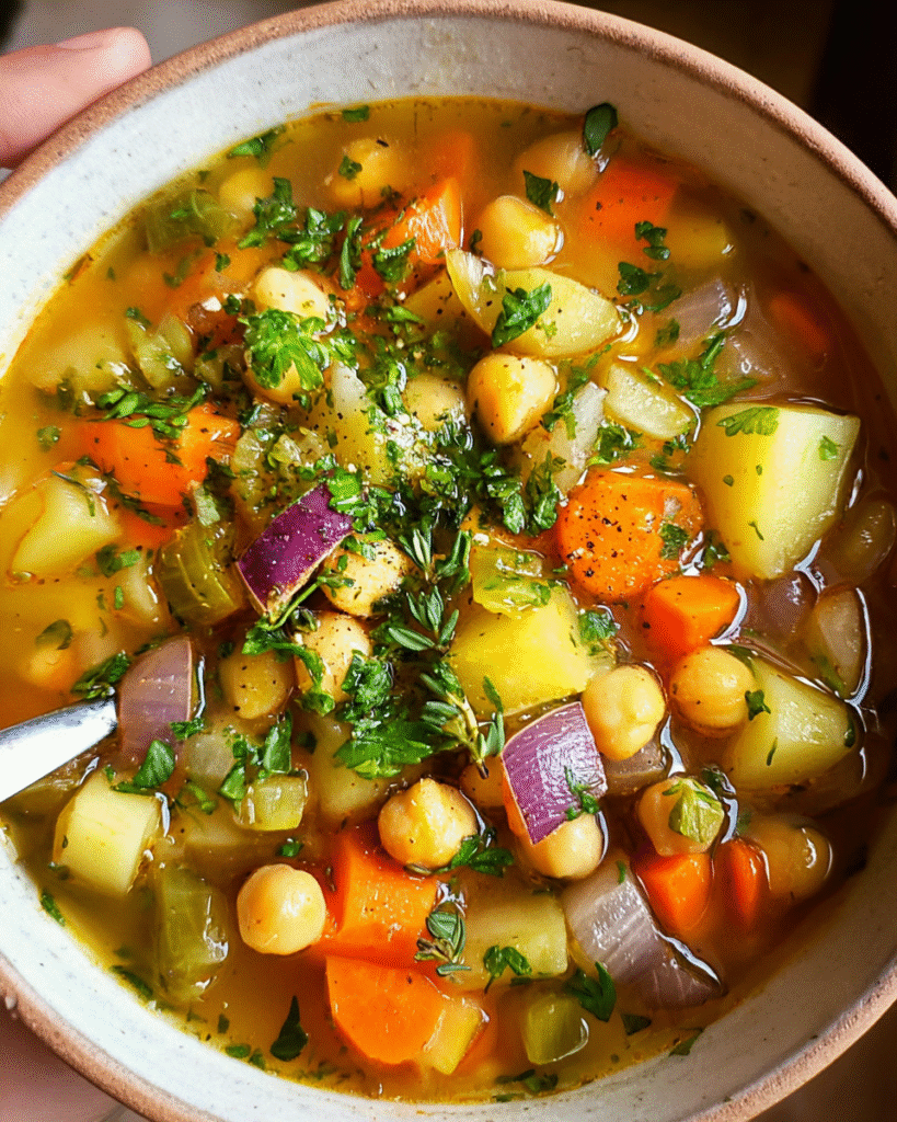 Bowl of chickpea vegetable soup with potatoes and carrots