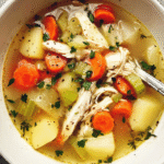 Classic chicken soup with carrots, leeks, and shredded chicken in bowl