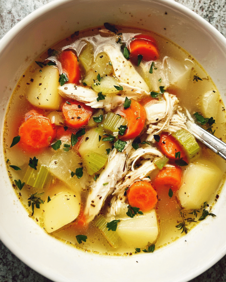 Classic chicken soup with carrots, leeks, and shredded chicken in bowl