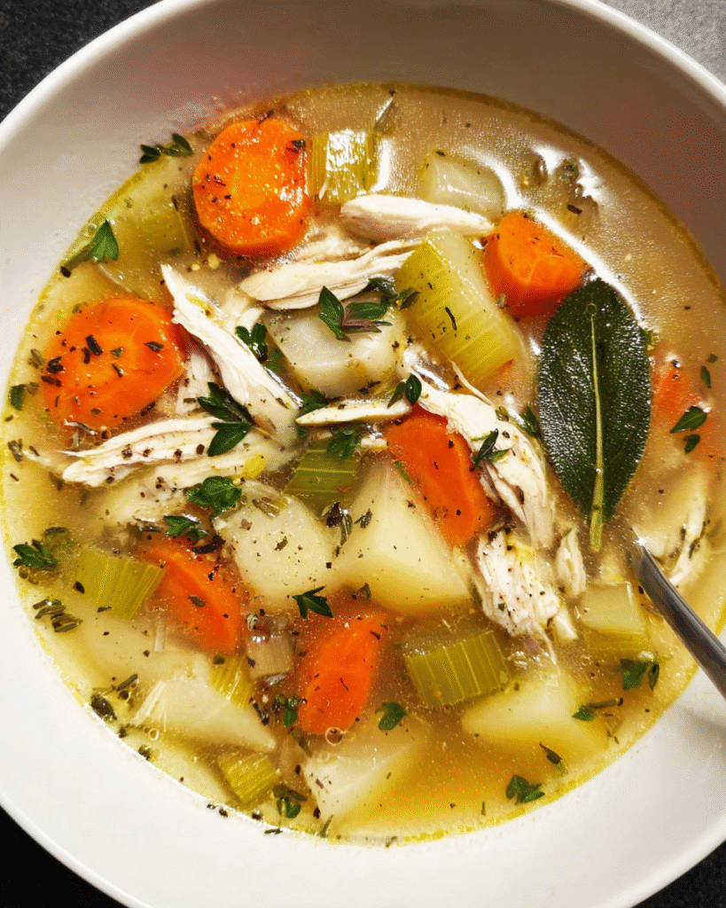 Classic chicken soup with carrots, leeks, and shredded chicken in bowl