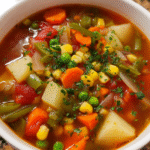 Classic vegetable soup in a bowl with carrots, potatoes, and peas
