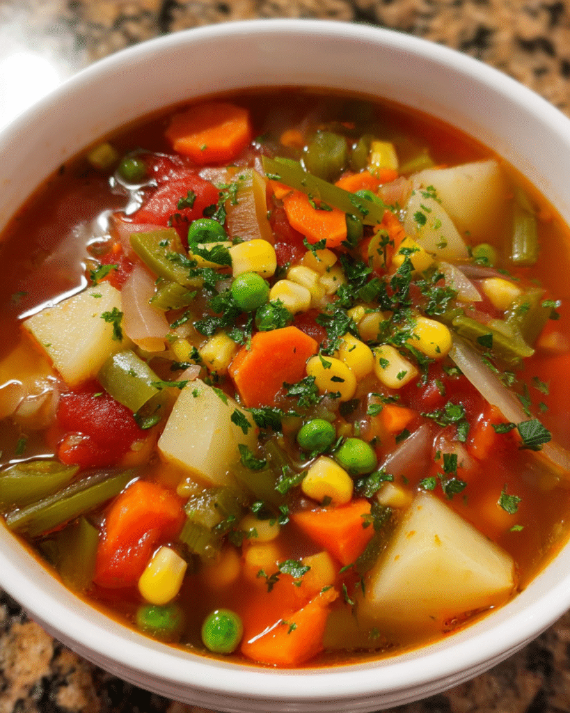 Classic vegetable soup in a bowl with carrots, potatoes, and peas