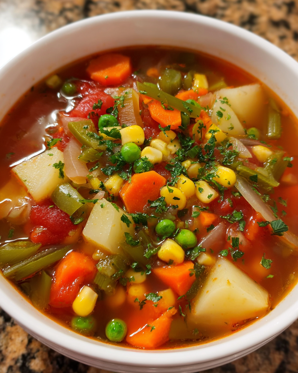 Classic vegetable soup in a bowl with carrots, potatoes, and peas