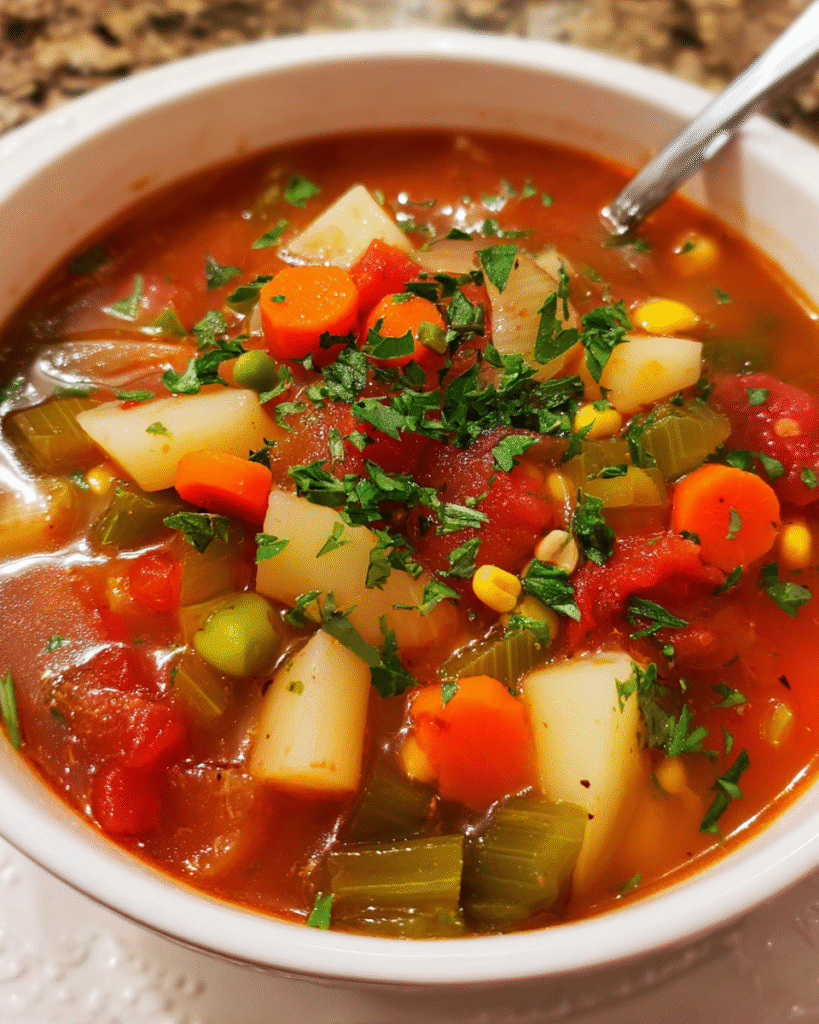 Classic vegetable soup in a bowl with carrots, potatoes, and peas