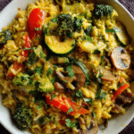 Creamy coconut vegetable rice with broccoli, bell pepper, and mushrooms