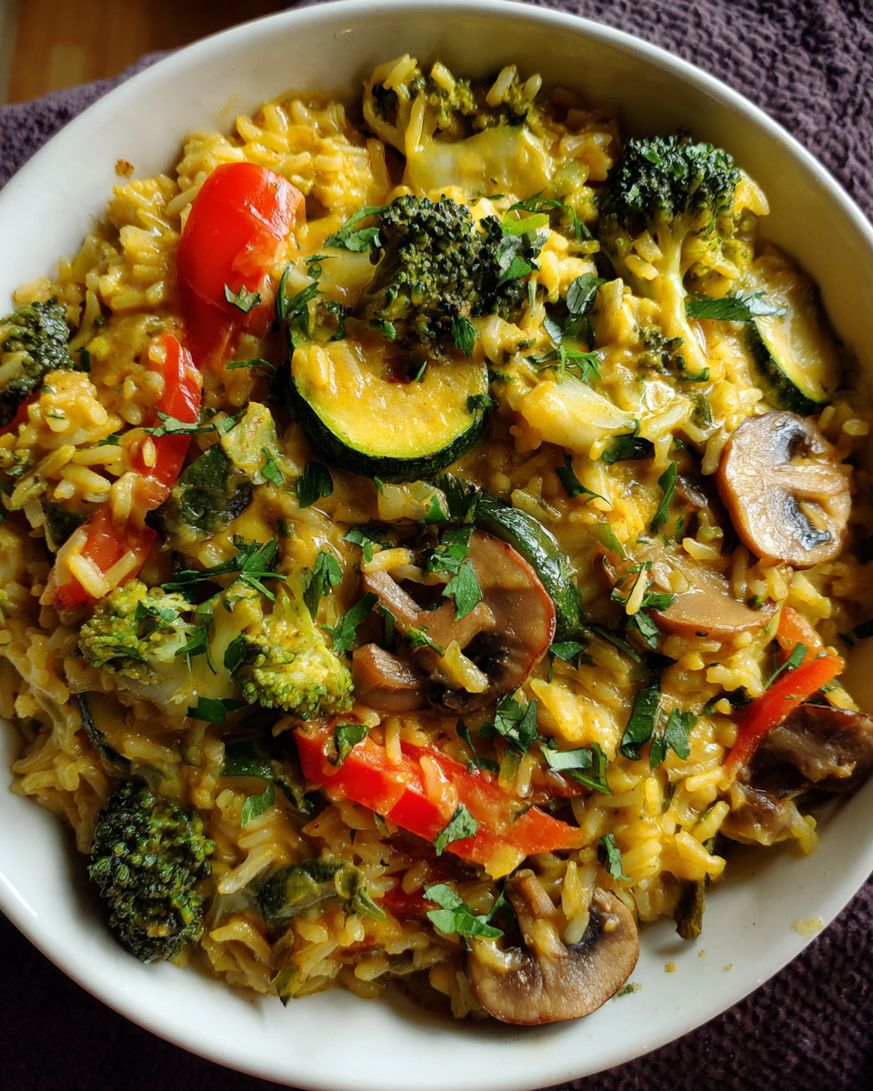 Creamy coconut vegetable rice with broccoli, bell pepper, and mushrooms