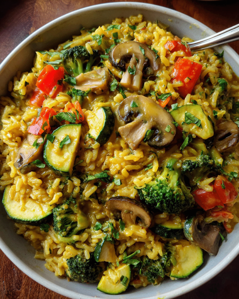 Creamy coconut vegetable rice with broccoli, bell pepper, and mushrooms