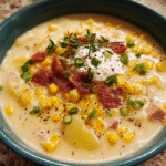 Creamy corn chowder with bacon, potatoes, and green onions in a bowl