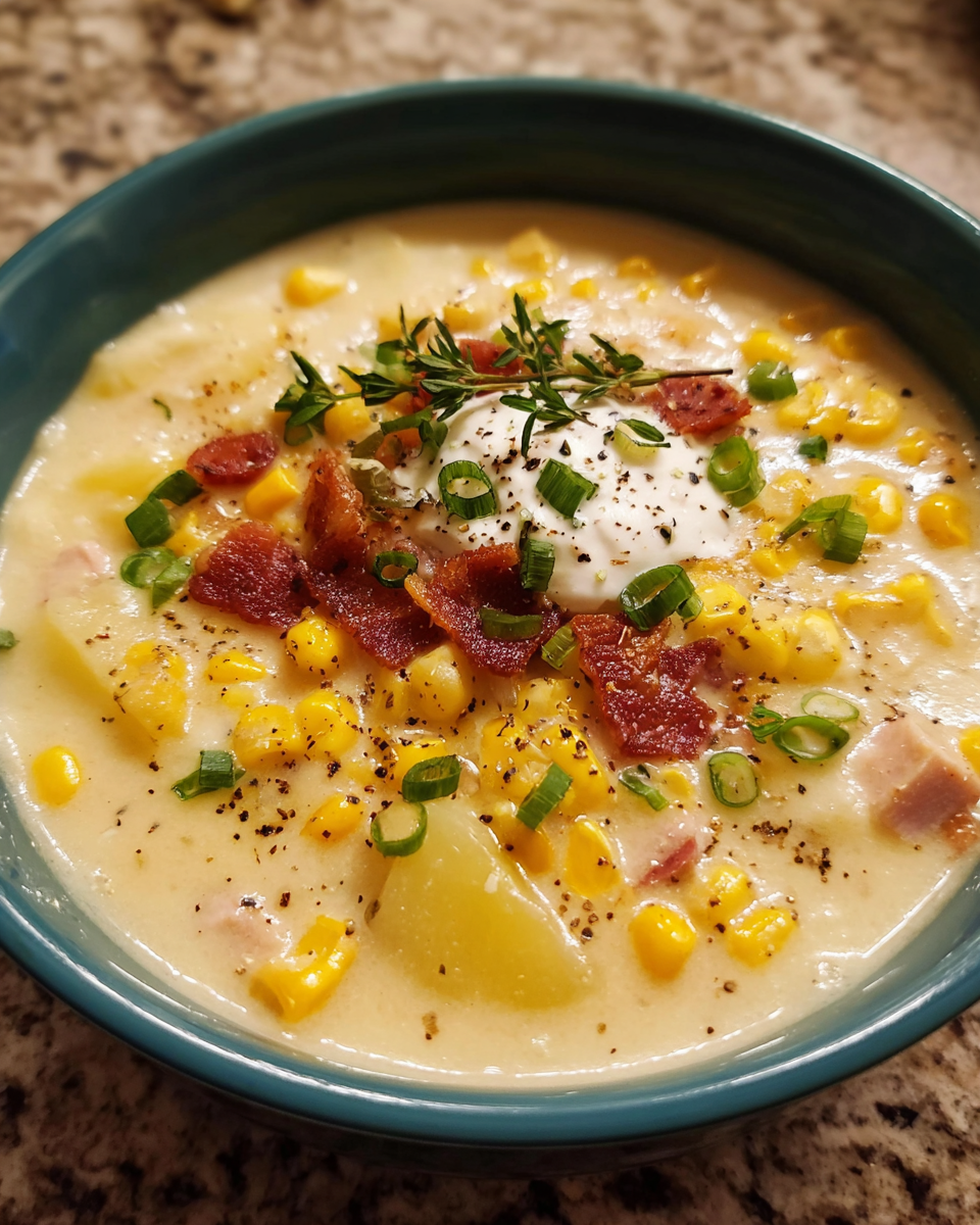 Creamy corn chowder with bacon, potatoes, and green onions in a bowl