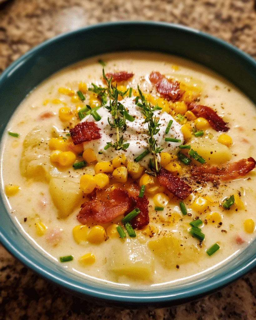 Creamy corn chowder with bacon, potatoes, and green onions in a bowl