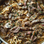 Creamy Beef and Mushroom Skillet with tender sirloin and mushrooms in dairy-free sauce