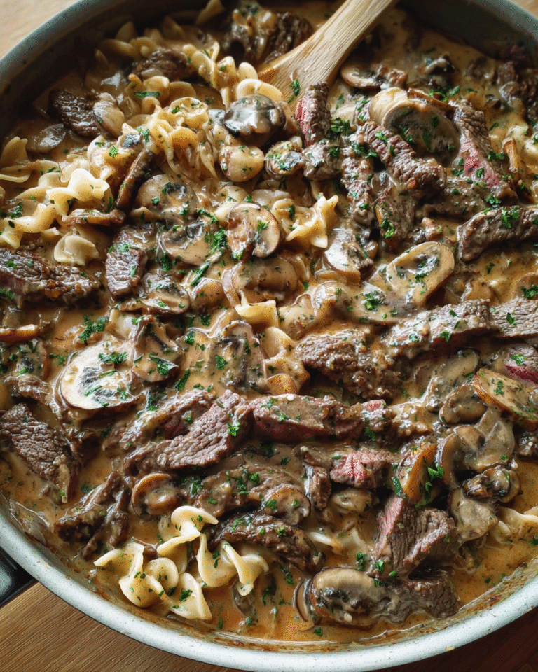 Creamy Beef and Mushroom Skillet with tender sirloin and mushrooms in dairy-free sauce
