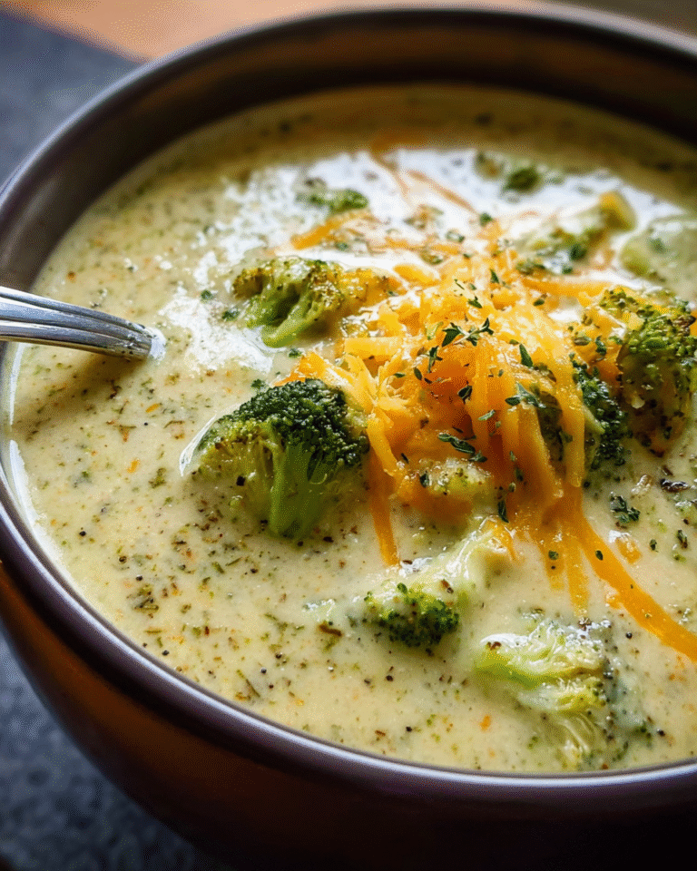 Creamy Broccoli Soup in a white bowl topped with shredded cheddar