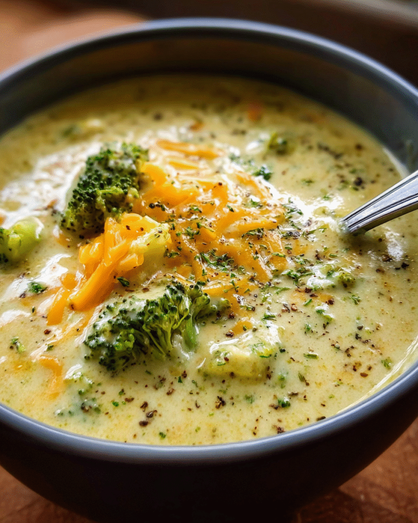 Creamy Broccoli Soup in a white bowl topped with shredded cheddar