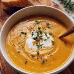 Creamy carrot soup in a white bowl garnished with thyme and cream drizzle