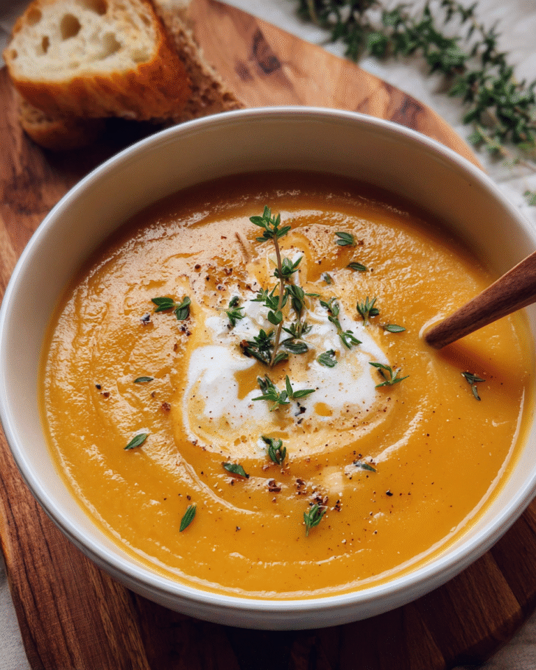 Creamy carrot soup in a white bowl garnished with thyme and cream drizzle