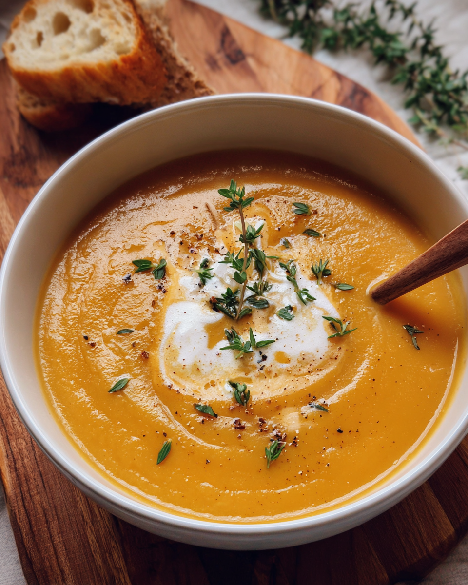 Creamy carrot soup in a white bowl garnished with thyme and cream drizzle
