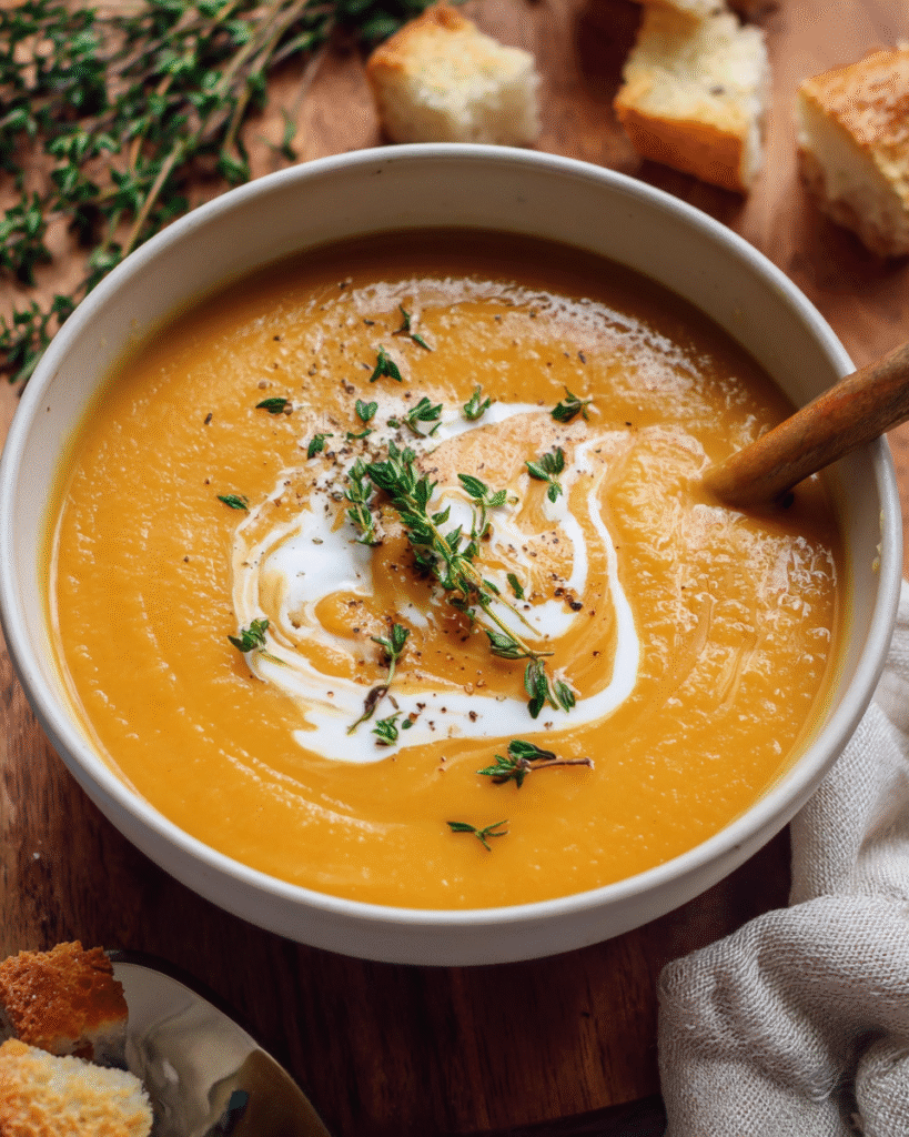 Creamy carrot soup in a white bowl garnished with thyme and cream drizzle