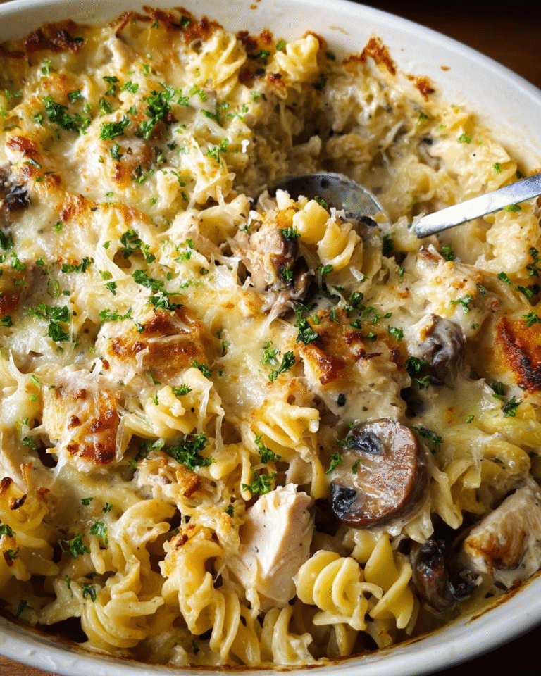 Creamy Chicken Alfredo Pasta baked with golden melted cheese and parsley