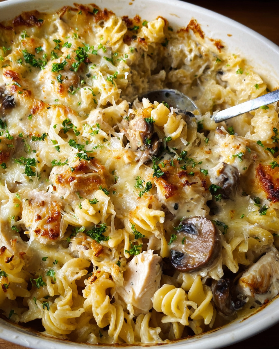 Creamy Chicken Alfredo Pasta baked with golden melted cheese and parsley