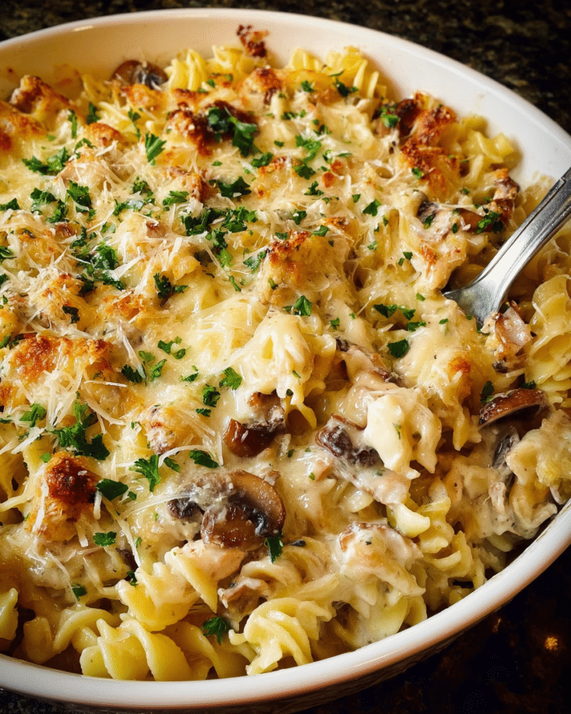 Creamy Chicken Alfredo Pasta baked with golden melted cheese and parsley