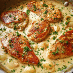 Creamy Chicken Skillet with garlic cream sauce in a pan