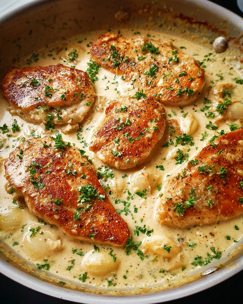 Creamy Chicken Skillet with garlic cream sauce in a pan