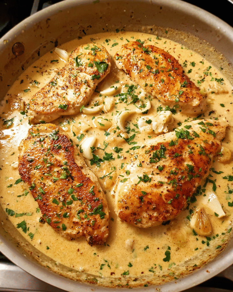 Creamy Chicken Skillet with garlic cream sauce in a pan