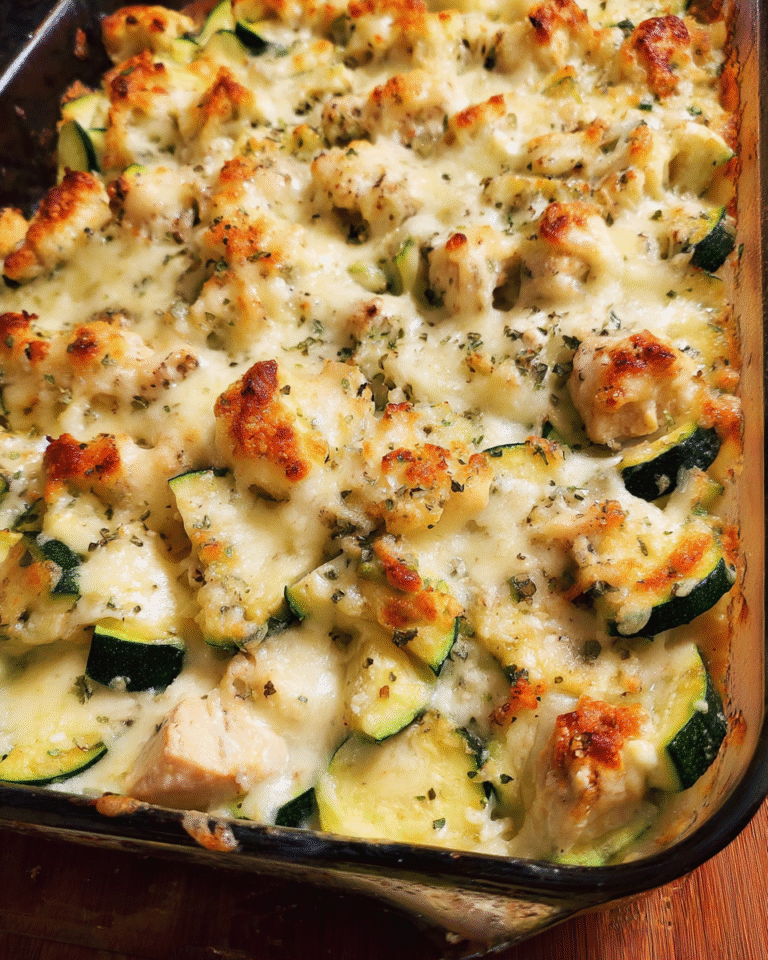 Creamy chicken with zucchini baked casserole with melted mozzarella