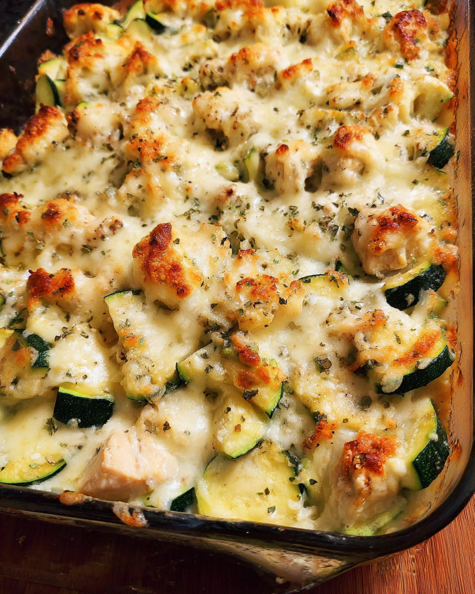 Creamy chicken with zucchini baked casserole with melted mozzarella